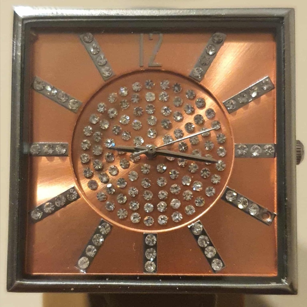 🦋10/$20🦋 Vtg Peire Bernie Silver/Orange Rhinestone Leather Women's Watch